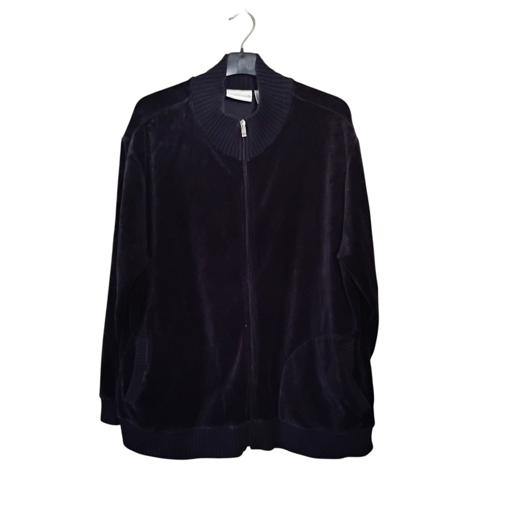 Appleseeds Black Velour Zip Up Jacket Mock Neck Ribbed Trim Plus Size 2X